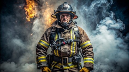 Naklejka premium Full-body portrait of a firefighter with gear, ready for action