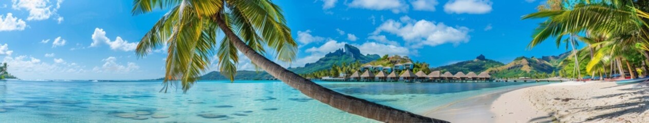 Obraz premium Abstract Wealth: Idyllic Tropical Beach Panorama with Leaning Palm Tree and Overwater Bungalows, Perfect for Summer Vacation, Retirement, and Happy Lifestyle, AI-Generated High-Resolution Wallpaper，Su