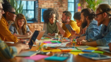 Top view of a diverse and creative team collaborating at a bright, colorful workspace with various tools. AIG53M