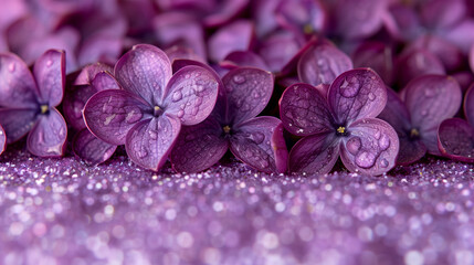 A bunch of purple flowers with water droplets on them. The flowers are arranged in a way that they are overlapping each other. Scene is serene and calming