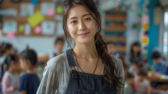 asian female teacher smiling in vibrant classroom with children playing and working casual attire standing hands on hips early thirties