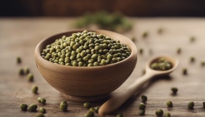 Close up of raw mung bean in a bowl on wooden table