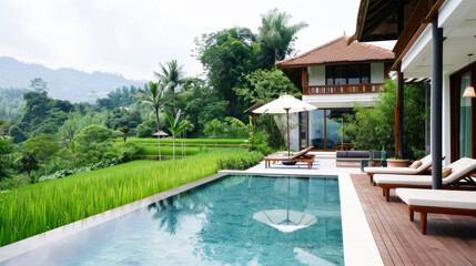 Hotel swimming pool accommodation by rice terrace for relax vacation