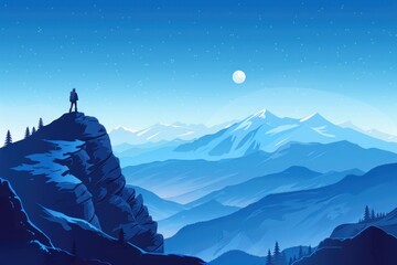 Flat design illustration of a serene mountain landscape with a lone hiker standing at the peak. The hiker is gazing out over the vast expanse of rolling hills and valleys below, with a clear blue sky