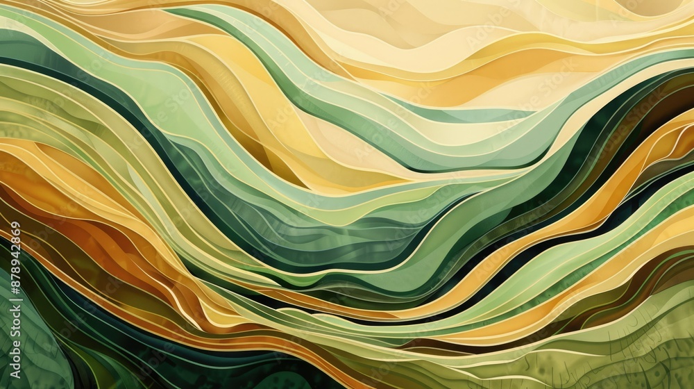 Poster a textured abstract digital painting with flowing green and yellow waves, creating a fluid motion ef