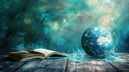 Open Book with Earth Globe in Abstract Cosmic Background, Science and Knowledge Concept