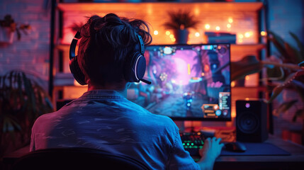Obraz premium young male gamer with headphones playing video games on a gaming computer at home at night colorful lights multiple monitors gaming console keyboard mouse