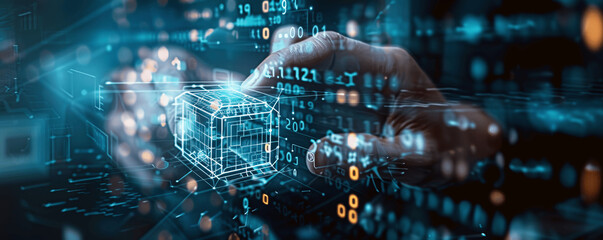 Fototapeta premium Blockchain Technology Businessman with Digital Hologram Big Data Network Encrypted Blockchain Global Networking Internet Security Smart City Commerce