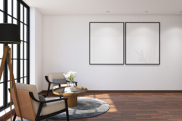3d render of design interior of scandinavian  living room with frame mockup.Wood parquet floor, white ceiling and white flat ceiling. Set 20