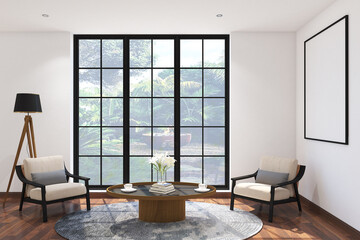 3d render of design interior of scandinavian  living room with frame mockup.Wood parquet floor, white ceiling and white flat ceiling. Set 18