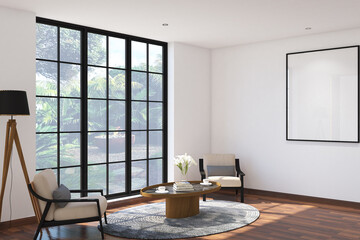 3d render of design interior of scandinavian  living room with frame mockup.Wood parquet floor, white ceiling and white flat ceiling. Set 19