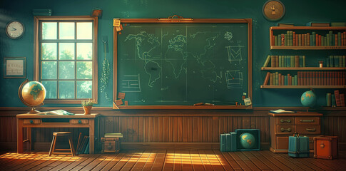 school classroom illustration with blackboard globe desk educational art in cartoon style green palette warm lighting detailed high quality