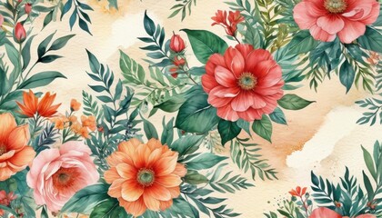 Watercolor Floral Seamless Pattern with Orange and Pink Flowers and Green Leaves.