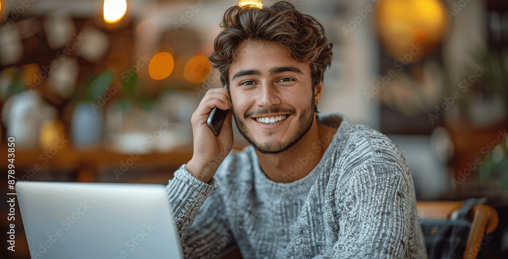 Poster smiling software developer chatting on mobile phone while working on laptop in office