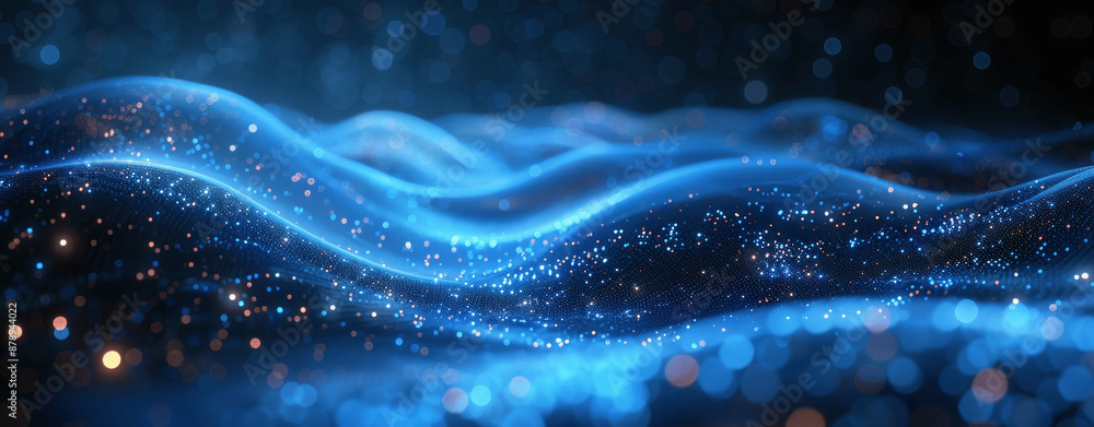 Poster abstract blue digital wave with glowing particles on dark background futuristic data technology conc