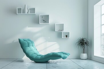 Modern turquoise chaise longue in a white interior with square shelves on the wall, in the style of...