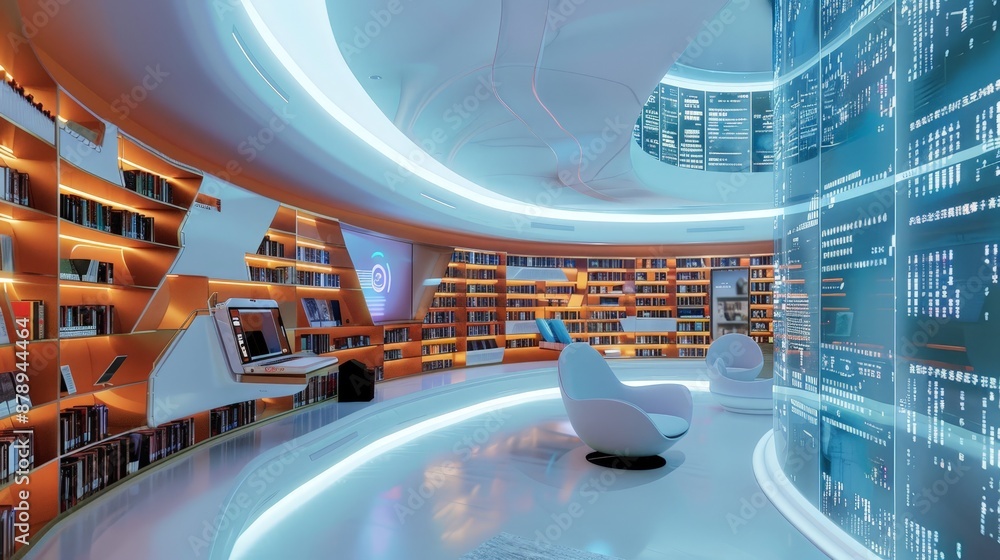 Poster a futuristic library where data on book loans and reading trends are displayed on interactive screen