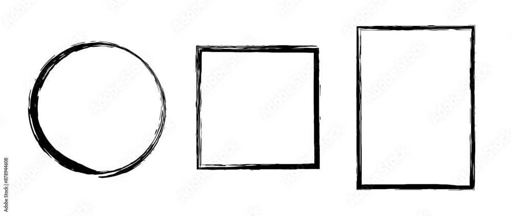 Poster Grunge circle, square, rectangle frame set. Round and rectangular paint brush border collection. Black chalk or ink uneven stroke elements for design, banner, poster, flyer, brochure, cover. Vector