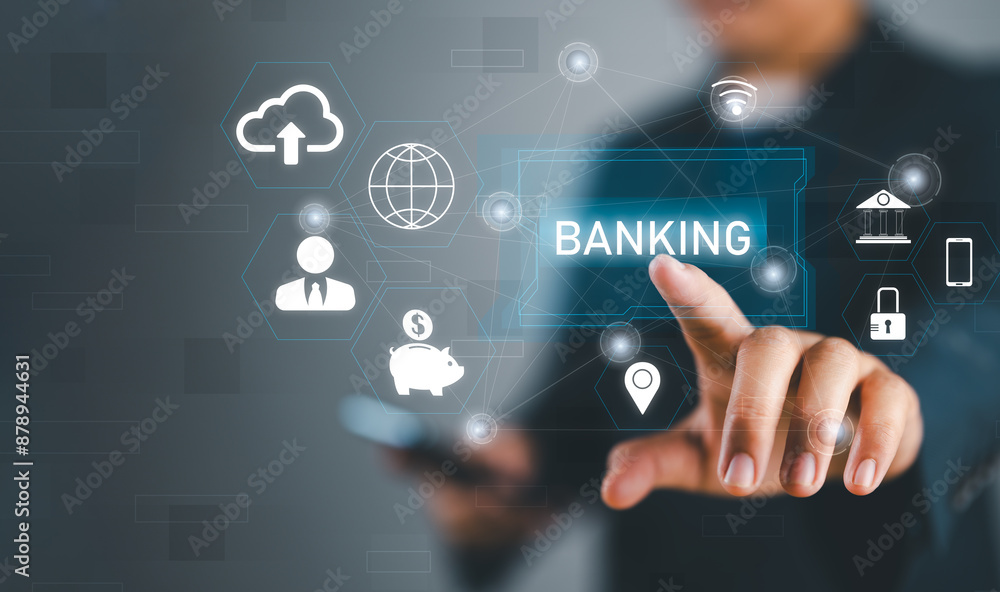 Poster businessman holding word banking in hand with icon network connection on virtual screen dark backgro
