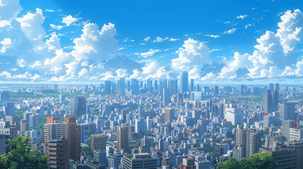 Obraz premium beautiful tokyo cityscape skyline with skyscrapers urban buildings blue sky daytime anime art high detail wallpaper background illustration japanese metropolis travel