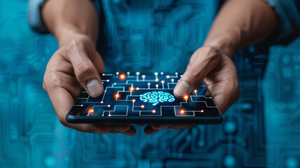 Man using AI technology on tablet and smartphone with digital brain interface for business and innovation. Futuristic network, big data, and global communication concept. Modern tech background.