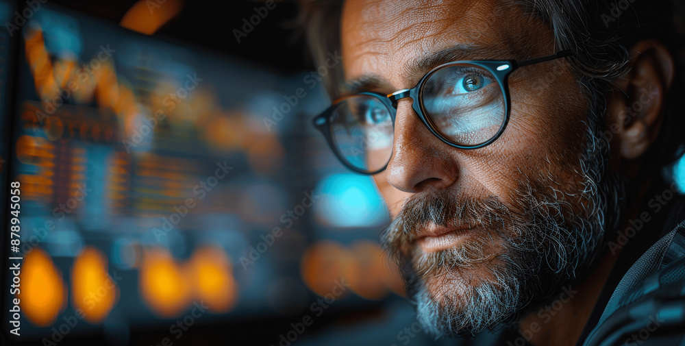 Poster financial manager monitoring stock market trends with multiple monitors, analyzing data and charts f