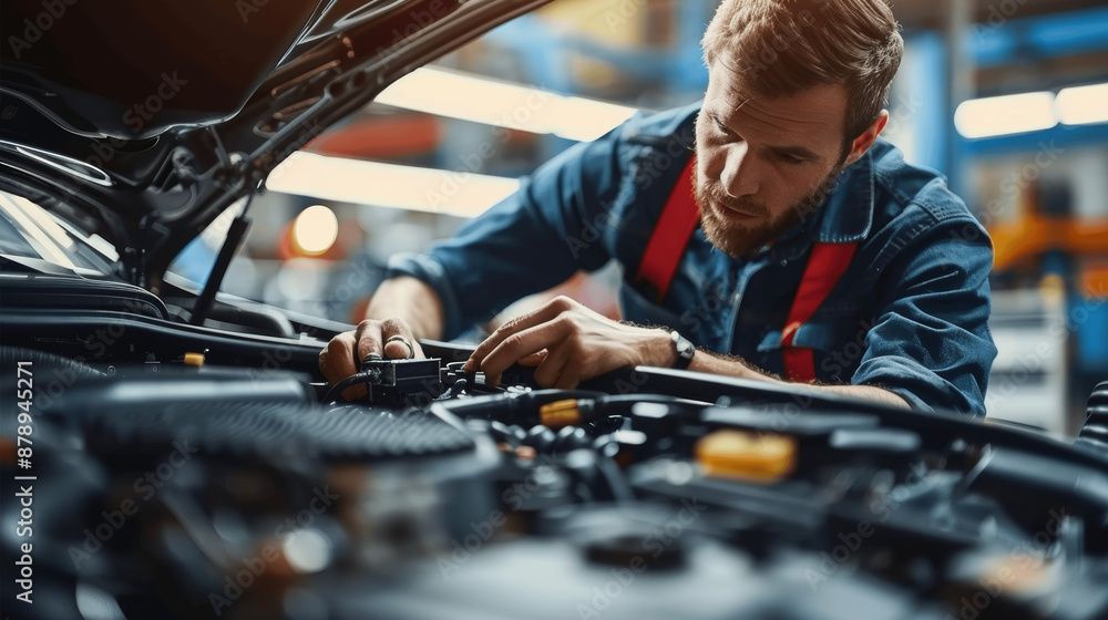 Aufkleber car mechanic checking battery level in modern auto service workshop using digital metering system fo