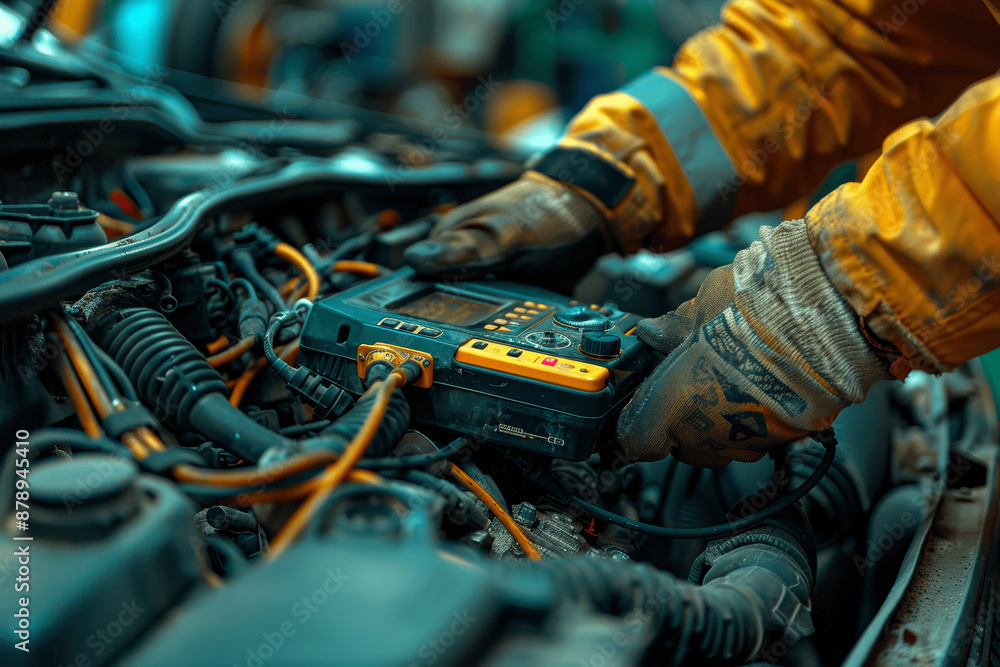 Aufkleber car mechanic using diagnostic tools to check and maintain vehicle battery and electrical system in a