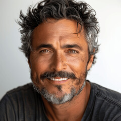Fototapeta premium portrait of a mature handsome man with grey hair and goatee smiling showing perfect teeth for dental advertisement isolated on white background