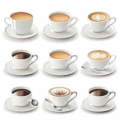 Coffee Cups Collection Illustration with Various Coffee Types and Latte Art.