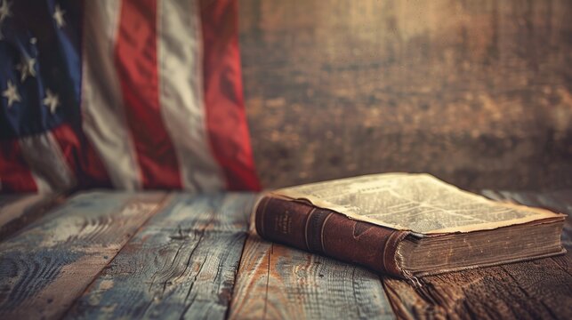 Vintage Book on Rustic Wooden Table with American Flag in the Background