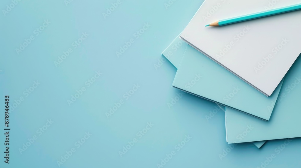 Sticker Desk with notepaper and pencil on blue background minimal design