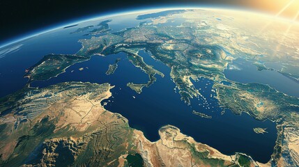 Physical map of Planet Earth, centered on the Mediterranean Sea. Satellite view of Southern Europe and North Africa with the sun shining on the horizon. 3D illustration.