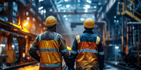Obraz premium Two Industrial Workers in Hardhats Walking Through Steel Factory in Safety Gear
