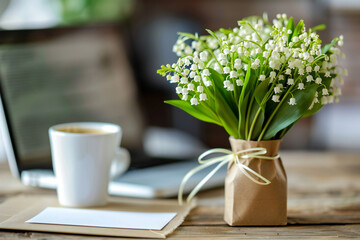 Morning Coffee with Lily of the Valley Flowers and Laptop on a Cozy Workspace for a Fresh Spring Office Setup