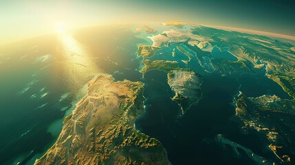 Physical map of Planet Earth, centered on the Mediterranean Sea. Satellite view of Southern Europe and North Africa with the sun shining on the horizon. 3D illustration.
