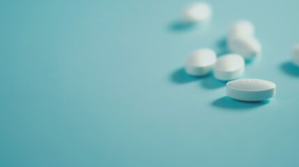 Blurry pills on blue background space for text Health concept