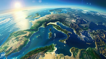 Physical map of Planet Earth, centered on the Mediterranean Sea. Satellite view of Southern Europe and North Africa with the sun shining on the horizon. 3D illustration.