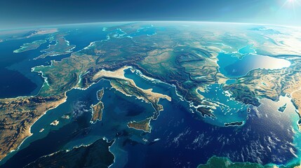 Physical map of Planet Earth, centered on the Mediterranean Sea. Satellite view of Southern Europe and North Africa with the sun shining on the horizon. 3D illustration.
