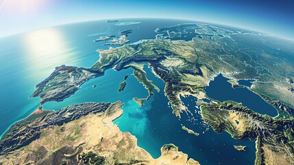 Physical map of Planet Earth, centered on the Mediterranean Sea. Satellite view of Southern Europe and North Africa with the sun shining on the horizon. 3D illustration.