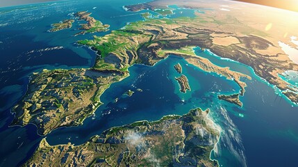 Physical map of Planet Earth, centered on the Mediterranean Sea. Satellite view of Southern Europe and North Africa with the sun shining on the horizon. 3D illustration.