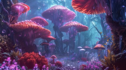 Naklejka premium Enchanted Forest with Glowing Mushrooms