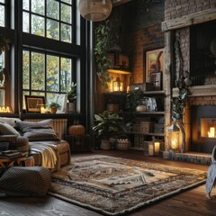 Cozy living room with vintage decor and warm lighting