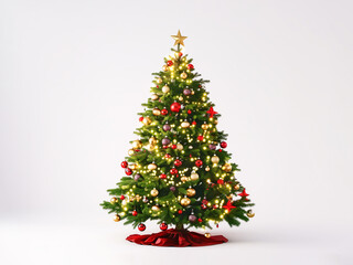 Decorated Christmas tree, with lights. On white background