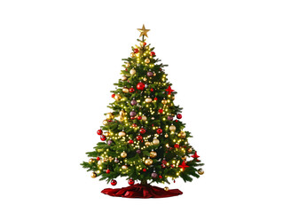 Decorated Christmas tree, with lights. Isolated, on transparent background