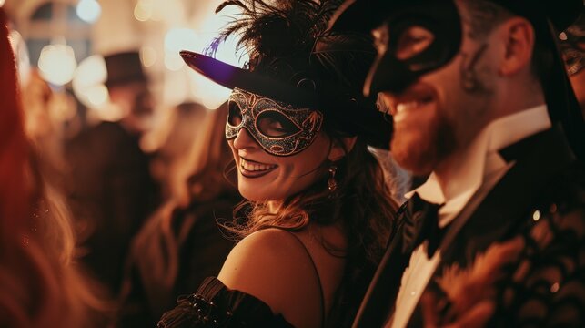 A Halloween masquerade ball with elegant costumes, masks, and a spooky atmosphere.