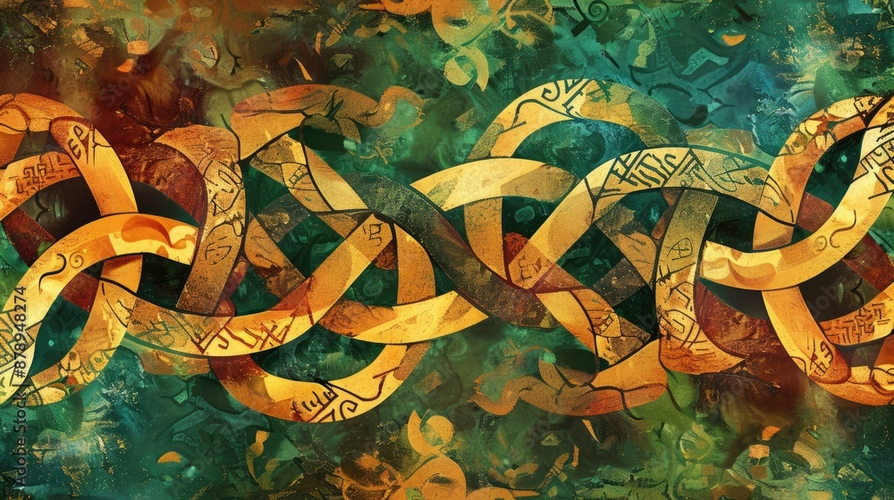 Poster intricate green and gold patterns create a mesmerizing abstract visual, rich in detail and aesthetic
