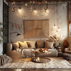 Cozy living room with vintage decor, warm lighting, and stylish lamps