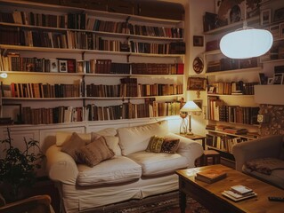 Cozy living room with vintage touches, soft lighting, and bookshelves