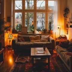 Cozy living room with vintage touches, warm lighting, and a comfy atmosphere